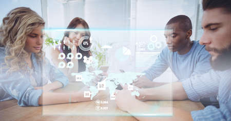 Composition of screen with digital data processing over business people using smartphones. global...