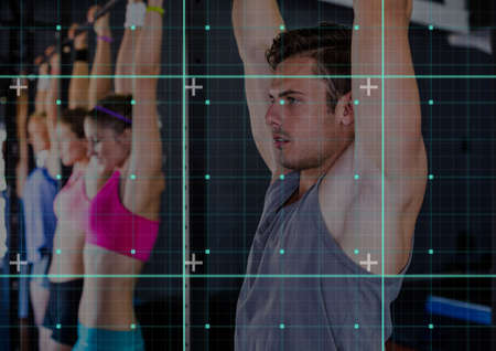 Grid network against caucasian fit man performing pull up exercise at the gym. sports, fitness and...