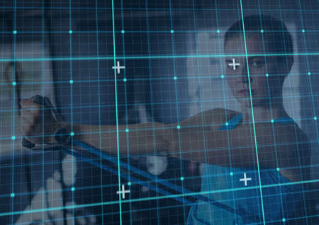 Grid network against caucasian fit woman working out with resistance bands at the gym. sports,...