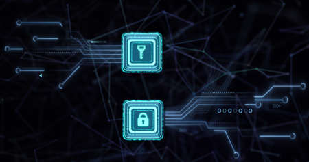 Image of data processing with online security key over computer circuit board. global computing,...