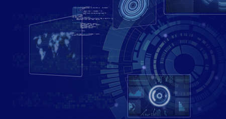 Image of data processing and digital icons over scope spinning. global computing, data processing,...