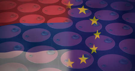 Image of russian and european union flag over locks. ukraine crisis and international politics...