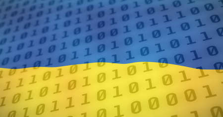 Image of binary code over flag of ukraine. ukraine crisis and international politics concept digitally generated image.の写真素材