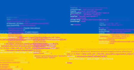 Image of we stand with ukraine and data processing over flag of ukraine. ukraine crisis and...