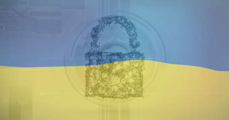 Image of diverse data and digital padlock over flag of ukraine. ukraine crisis and international politics concept digitally generated image.の写真素材