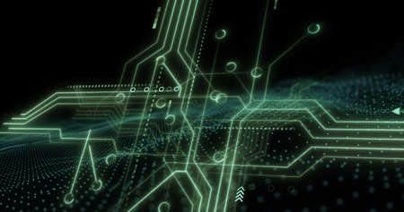 Image of data processing over computer circuit board. global computing, data processing, technology...