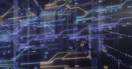 Image of data processing over servers and computer circuit board. global computing, data processing, technology and digital interface concept digitally generated image.の写真素材
