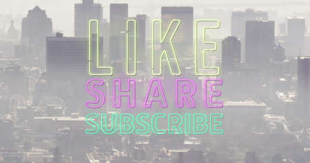 Image of like text over cityscape. social media and communication interface concept digitally...