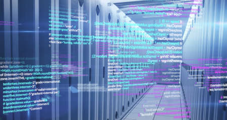 Image of data processing over server room. global business and digital interface concept digitally generated image.の写真素材