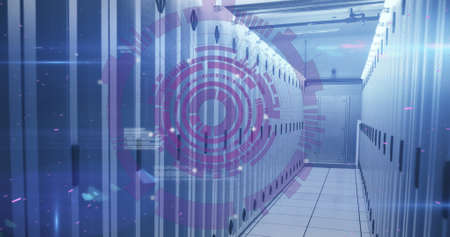 Image of data processing and scope scanning over server room. servers and cloud computing concept...