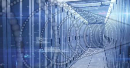 Image of shapes and spots over server room. servers and cloud computing concept digitally generated...
