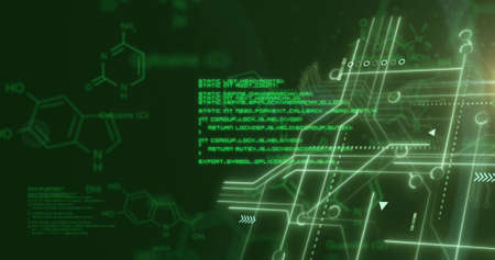 Image of data processing over computer circuit board. global computing, data processing, technology...