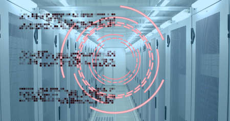 Image of data processing and scope scanning over server room. servers and cloud computing concept...