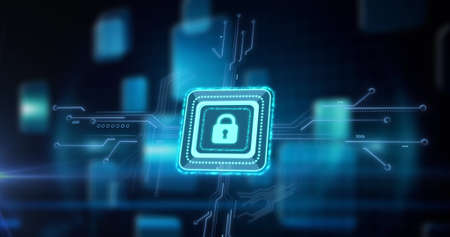 Image of data processing with online security padlock over computer circuit board. global computing,...