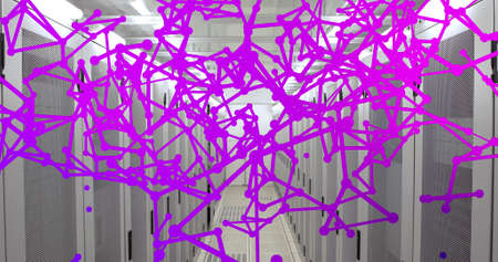 Image of shapes and spots over server room. servers and cloud computing concept digitally generated...