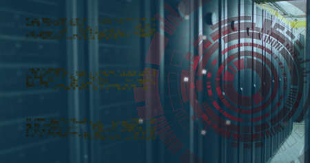 Image of data processing with media icons and scope scanning over server room. servers and cloud...