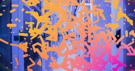 Image of shapes and spots over server room. servers and cloud computing concept digitally generated...
