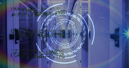 Image of data processing and scope scanning over server room. servers and cloud computing concept digitally generated image.の写真素材