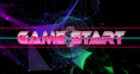 Image of game start over globe with connections and shapes on black background. image game, digital...