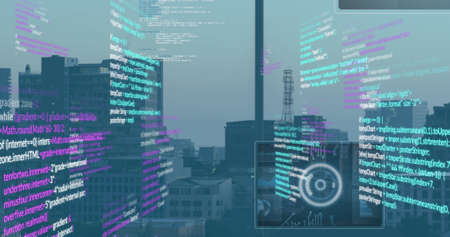 Image of data processing over cityscape. global business and digital interface concept digitally...