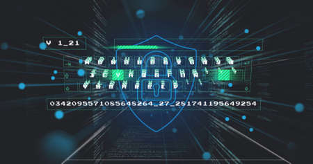 Image of data processing and shield on black background. global business and digital interface concept digitally generated image.の写真素材