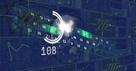 Image of data processing and globe on blue background. global business and digital interface concept digitally generated image.の写真素材