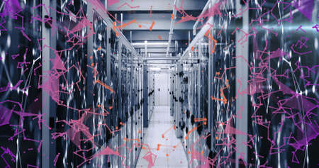Image of shapes and spots over server room. servers and cloud computing concept digitally generated...