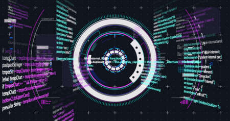 Image of data processing and scope scanning on black background. global business and digital...