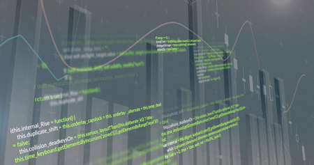Image of data processing on gray background. global business and digital interface concept digitally...