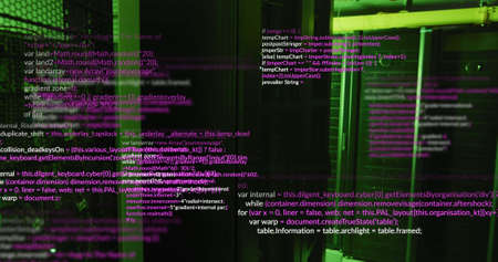 Image of data processing over server room. global business and digital interface concept digitally...