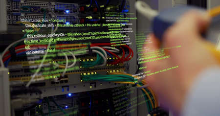 Image of data processing over caucasian woman in server room. global business and digital interface...