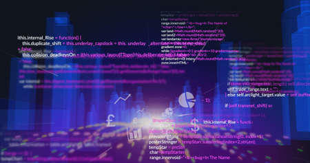 Image of data processing and city on black background. global business and digital interface concept...