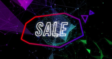 Image of sale over globe with connections and colorful shapes on black background. global sales, retail, business and digital interface concept digitally generated image.の写真素材