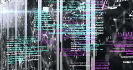 Image of data processing and shapes over server room. global business and digital interface concept...