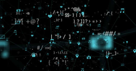 Image of globe of network of connections with icons and symbols. global connections, networks and...