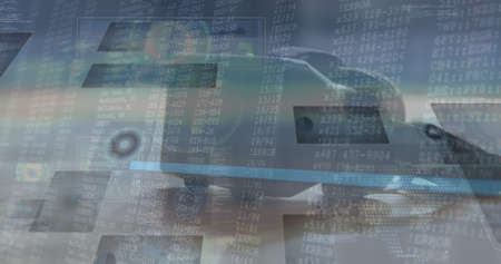 Image of data processing over vr headset. global computing, technology and digital interface concept...