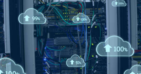 Image of clouds with increasing numbers over wires and servers. cloud computing, data uploading,...
