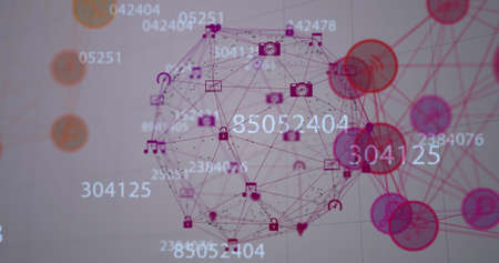 Image of globe of network of connections with icons and numbers. global connections, networks and data processing concept digitally generated image.の写真素材