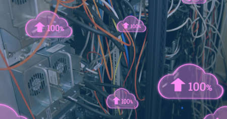 Image of clouds with increasing numbers over wires and servers. cloud computing, data uploading,...