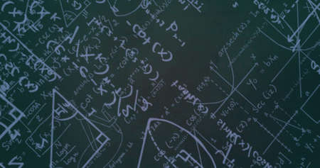 Image of mathematical equations on gray background. global business, finances, connections and digital interface concept digitally generated image.の写真素材