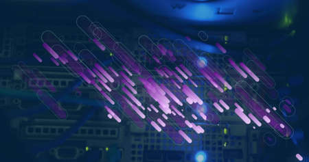 Image of pink shapes moving over servers and wires. cloud computing, data uploading, computers and...