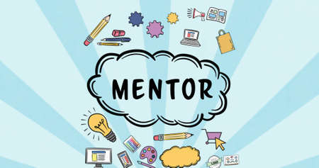Image of mentor text and school supplies over blue background. education and learning concept digitally generated image.の写真素材