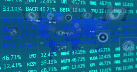 Image of data processing on blue background. global business and digital interface concept digitally...