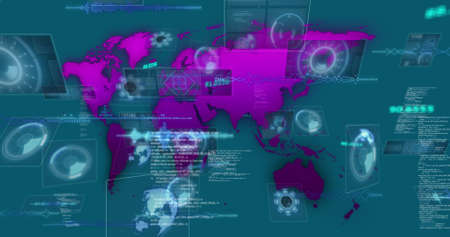 Image of data processing on blue background. global business and digital interface concept digitally...
