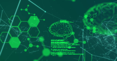 Image of data processing and brains on black background. global science and digital interface concept digitally generated image.の写真素材