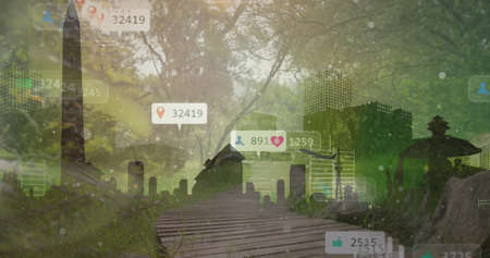 Image of media icons and trees over cityscape. global business and digital interface concept...