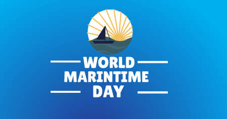 Digitally generated image of world maritime day text and symbol on blue background with copy space. creative and symbol concept.の写真素材