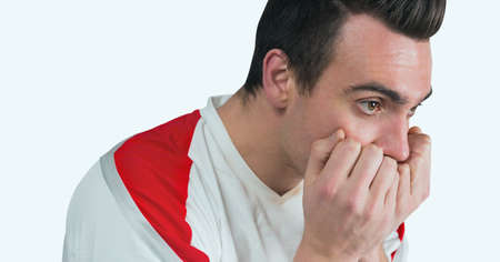 Worried caucasian male athlete against copy space on white background. sports, competition and tournament conceptの写真素材