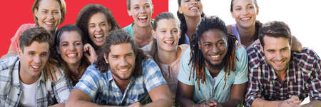 Group of diverse people smiling against red and white dual tone background. people and emotions conceptの写真素材