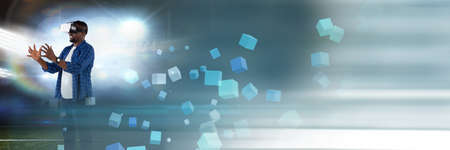 Blurred effect with copy space against african american man using vr headset. futuristic technology conceptの写真素材